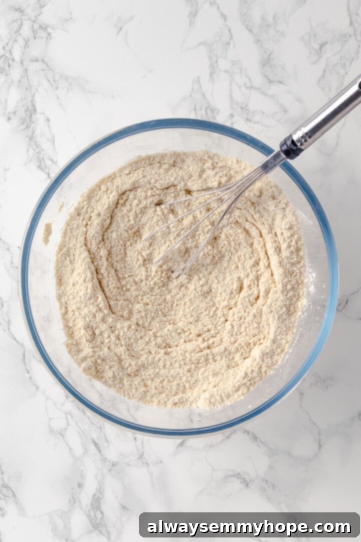 These homemade gluten-free bagels are chewy, delicious, and perfect for finishing with all your favourite toppings. So easy to make too! Overhead view of dry ingredients for gluten-free bagels in bowl with whisk