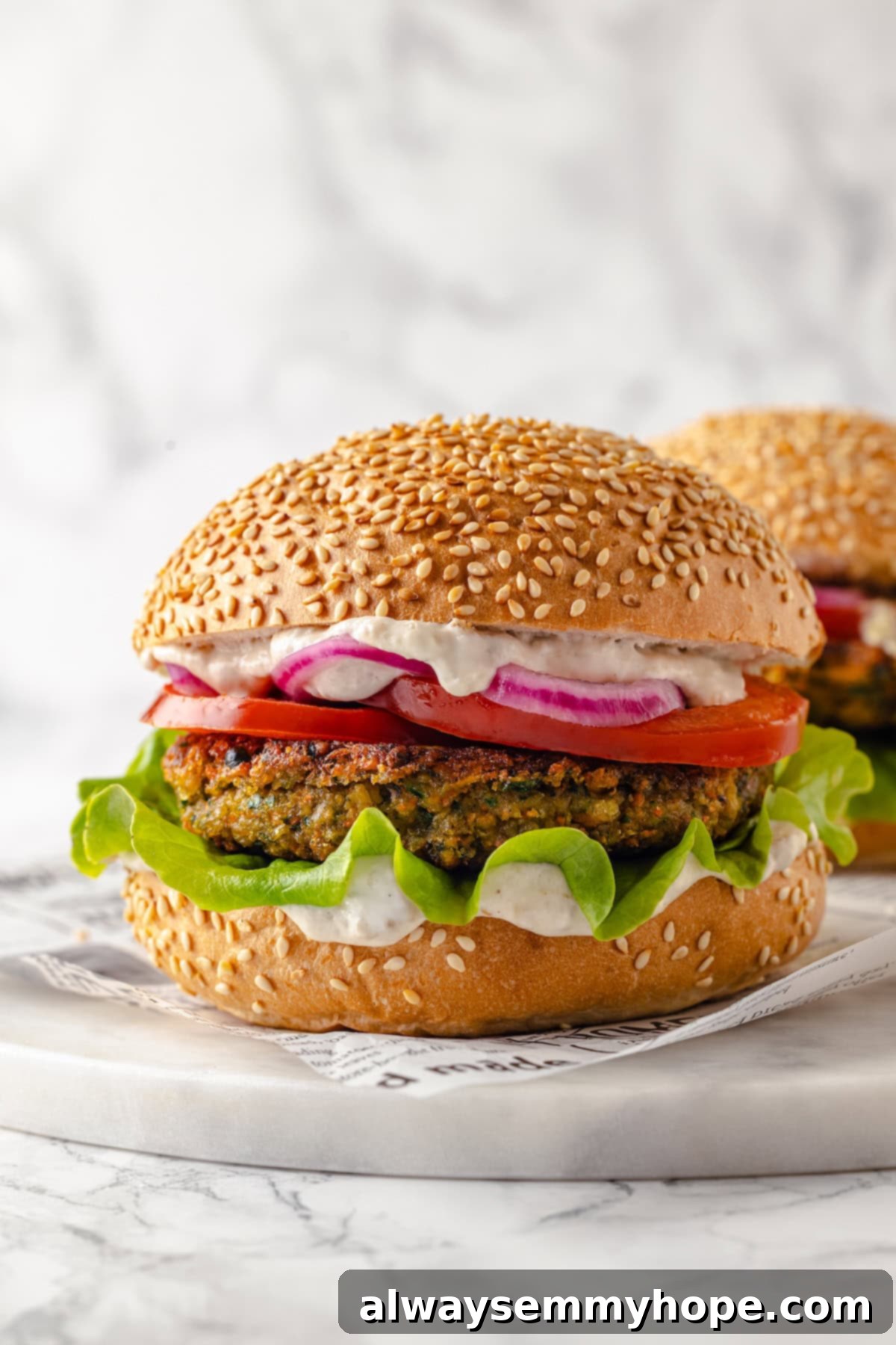 Delicious vegan falafel burger on a sesame seed bun, perfectly assembled and ready to be enjoyed.