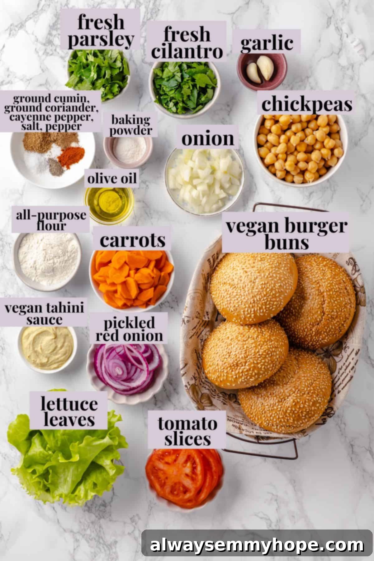 Overhead view of fresh ingredients laid out for making falafel burger patties, including chickpeas, herbs, and spices.
