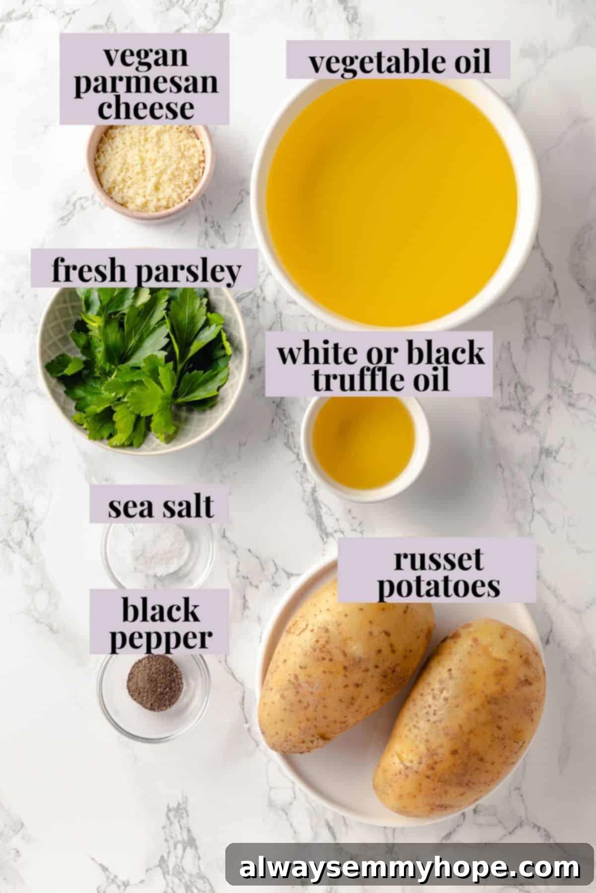 Overhead view of ingredients for truffle fries