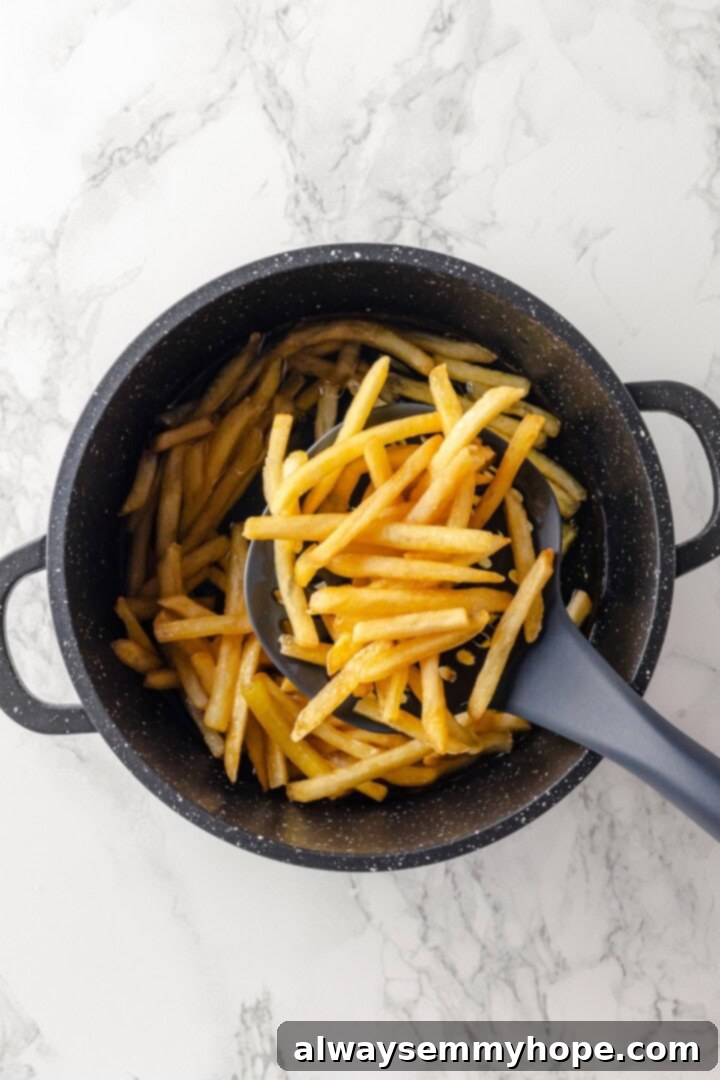 Overhead view of fries being removed from pot of oil