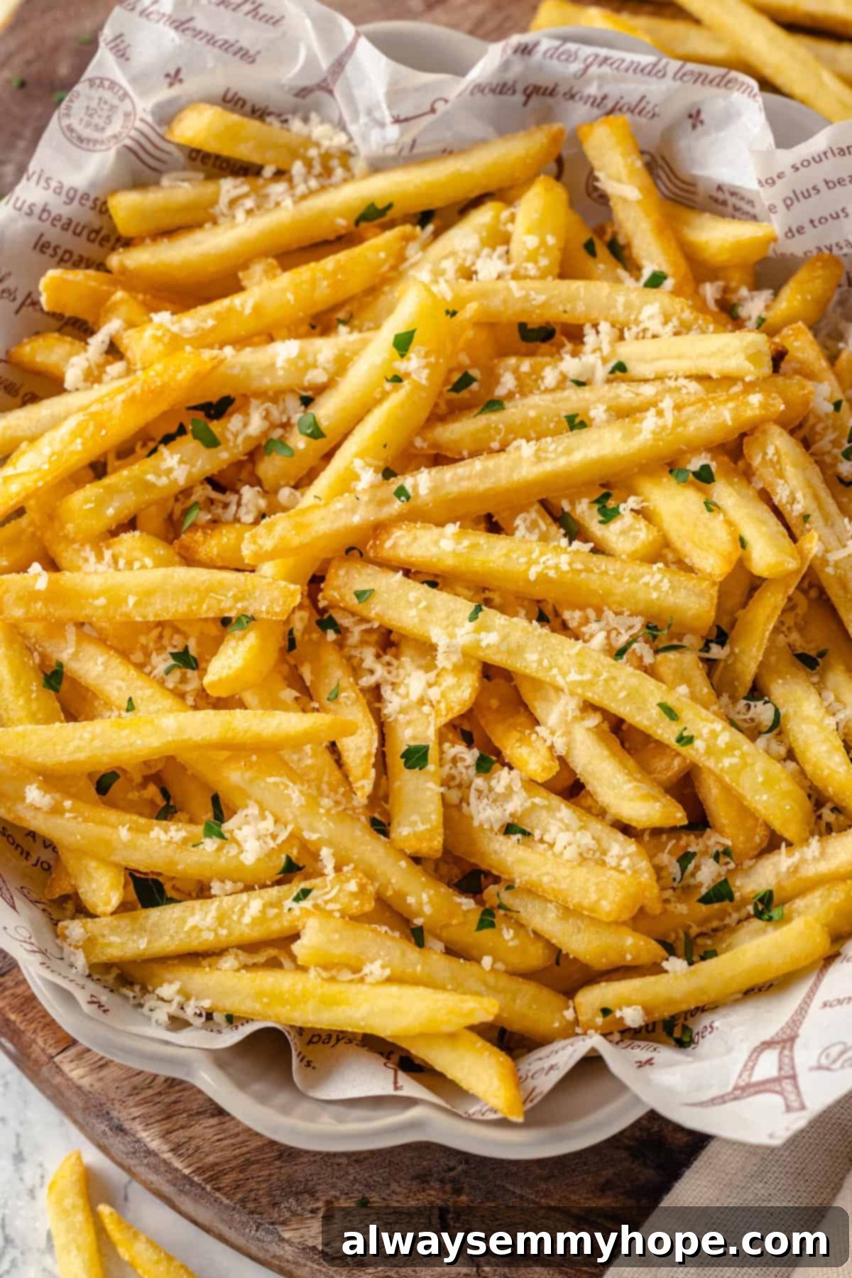 Overhead view of vegan truffle fries in bowl