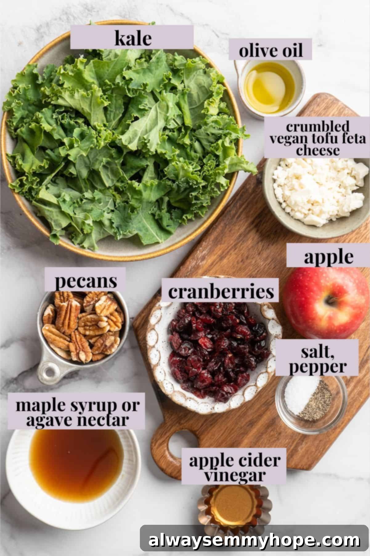 This vegan Apple, Pecan and Feta Salad is loaded with fall flavour! Sweet and crunchy, with a peppery maple vinaigrette to bring it together. Overhead view of all the fresh ingredients laid out for making the vegan apple, pecan, and feta salad before assembly.