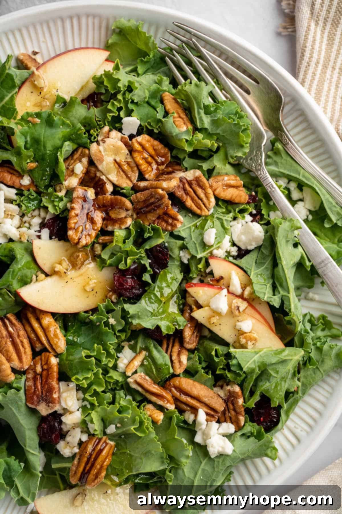 This vegan Apple, Pecan and Feta Salad is loaded with fall flavour! Sweet and crunchy, with a peppery maple vinaigrette to bring it together. A beautifully plated vegan apple, pecan, and feta salad with two forks, ready to be shared and enjoyed.