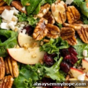 Crisp Fall Apple Pecan Feta Salad 2 Overhead closeup view of a single serving of the vegan apple, pecan, and feta salad, highlighting its fresh ingredients and textures.