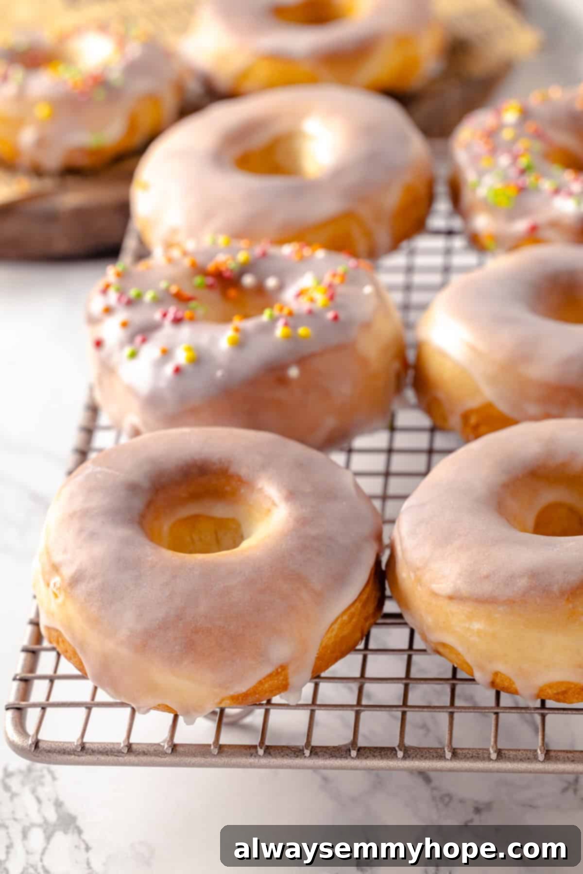 A tray of fresh, warm vegan air fryer donuts cooling on a wire rack, some already glazed and adorned with sprinkles, others waiting for their turn.