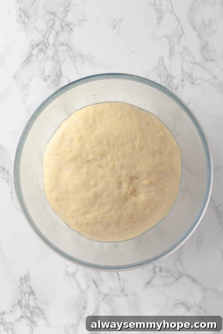 Overhead view of a risen donut dough in a glass bowl, gently being punched down.