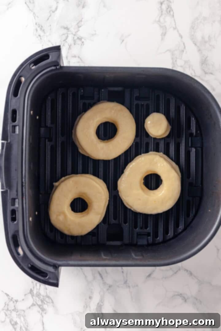 Overhead view of several risen donut dough pieces carefully arranged in a preheated air fryer basket, ready for cooking.