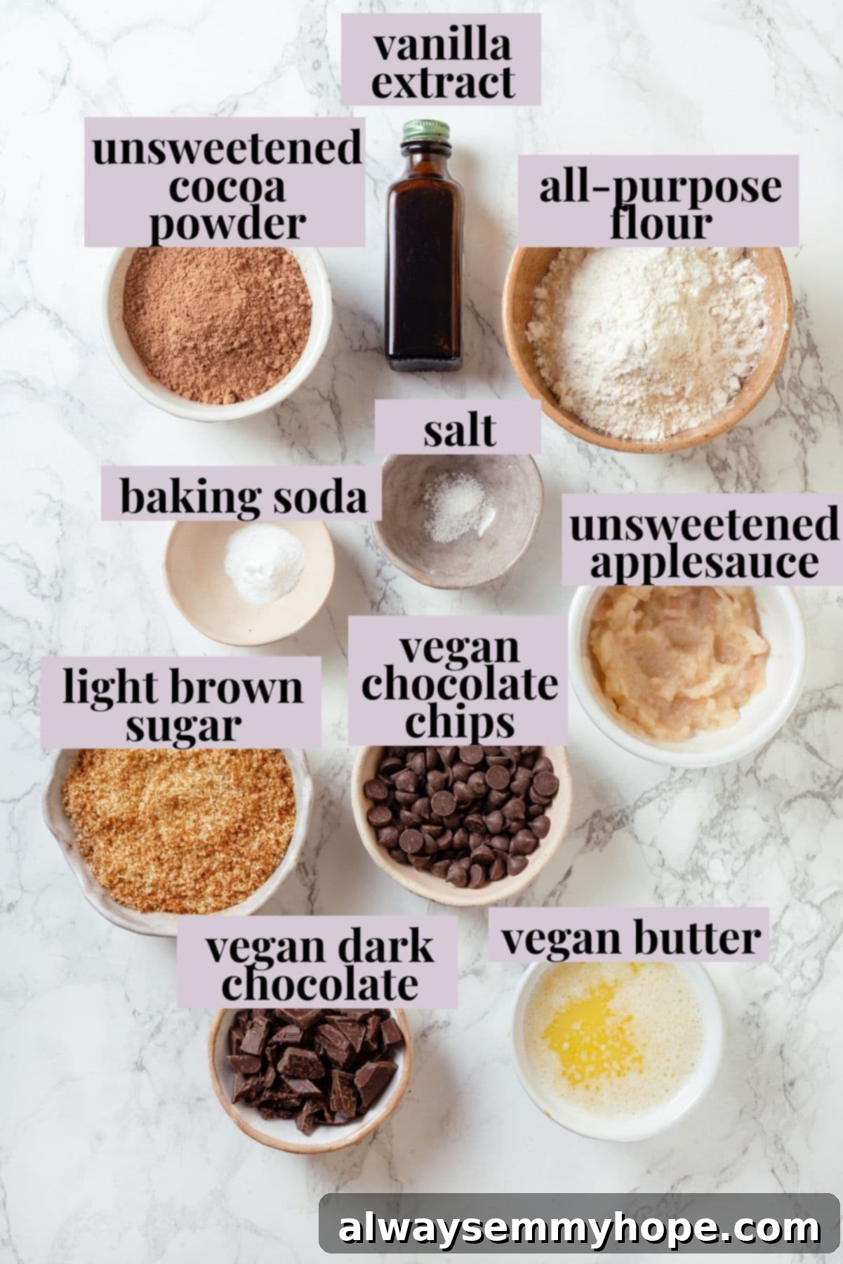 These double chocolate chunk cookies feature a rich, chewy chocolate cookie dough loaded with chocolate chips and dark chocolate chunks. Yum! Overhead view of ingredients for double chocolate chunk cookies