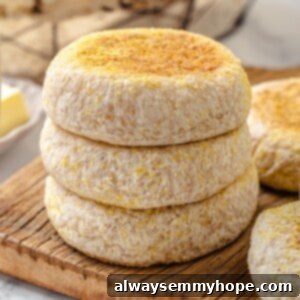 Fluffy Gluten-Free English Muffins 2 Stack of 3 gluten-free English muffins on cutting board