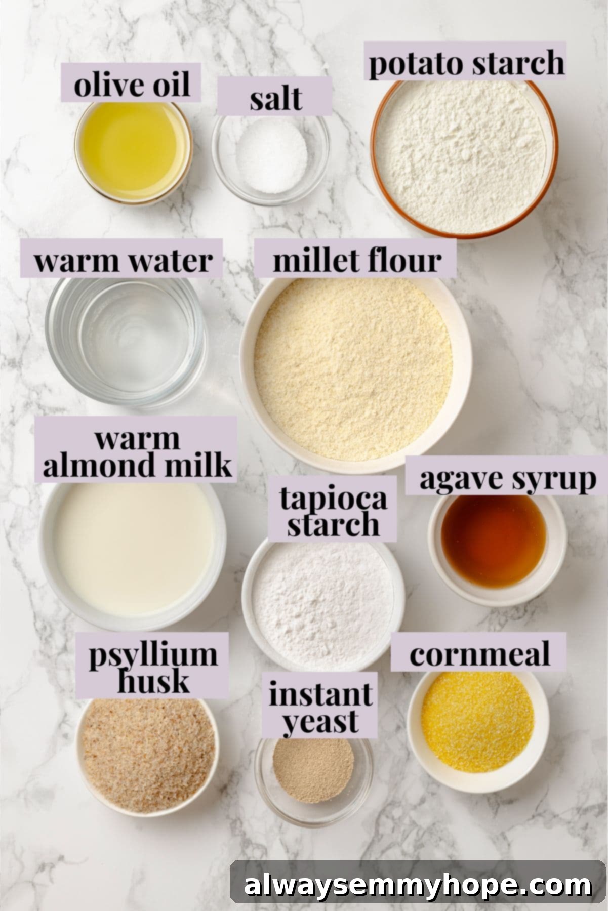 This homemade gluten-free English muffin recipe is tender, golden, and perfect for adding your favourite jam or spread. They're vegan too! Overhead view of fresh ingredients laid out for homemade gluten-free English muffins.