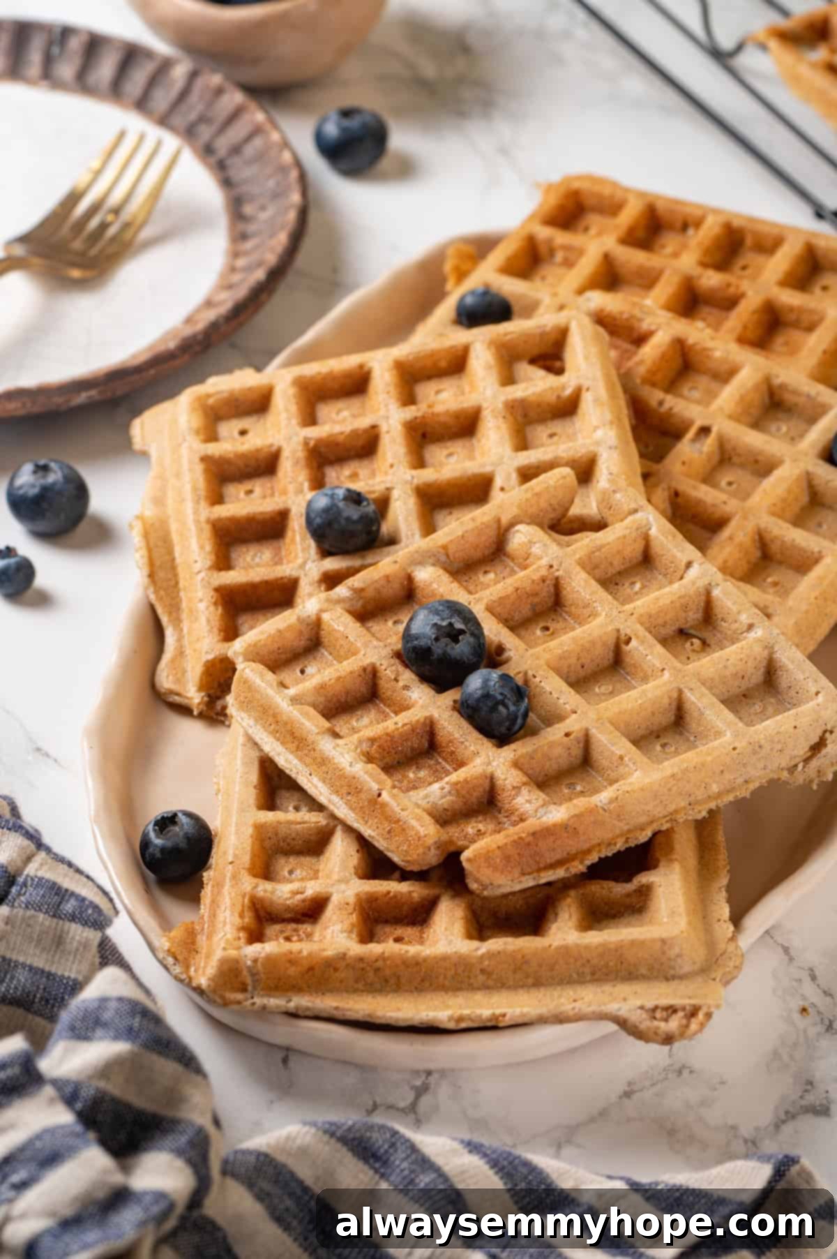 Platter of golden vegan protein waffles topped with fresh blueberries, a drizzle of syrup, and a sprinkle of powdered sugar, ready for a healthy and satisfying breakfast