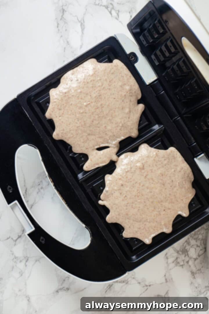 Overhead view of protein waffle batter being poured into a preheated and greased waffle maker, ready for cooking