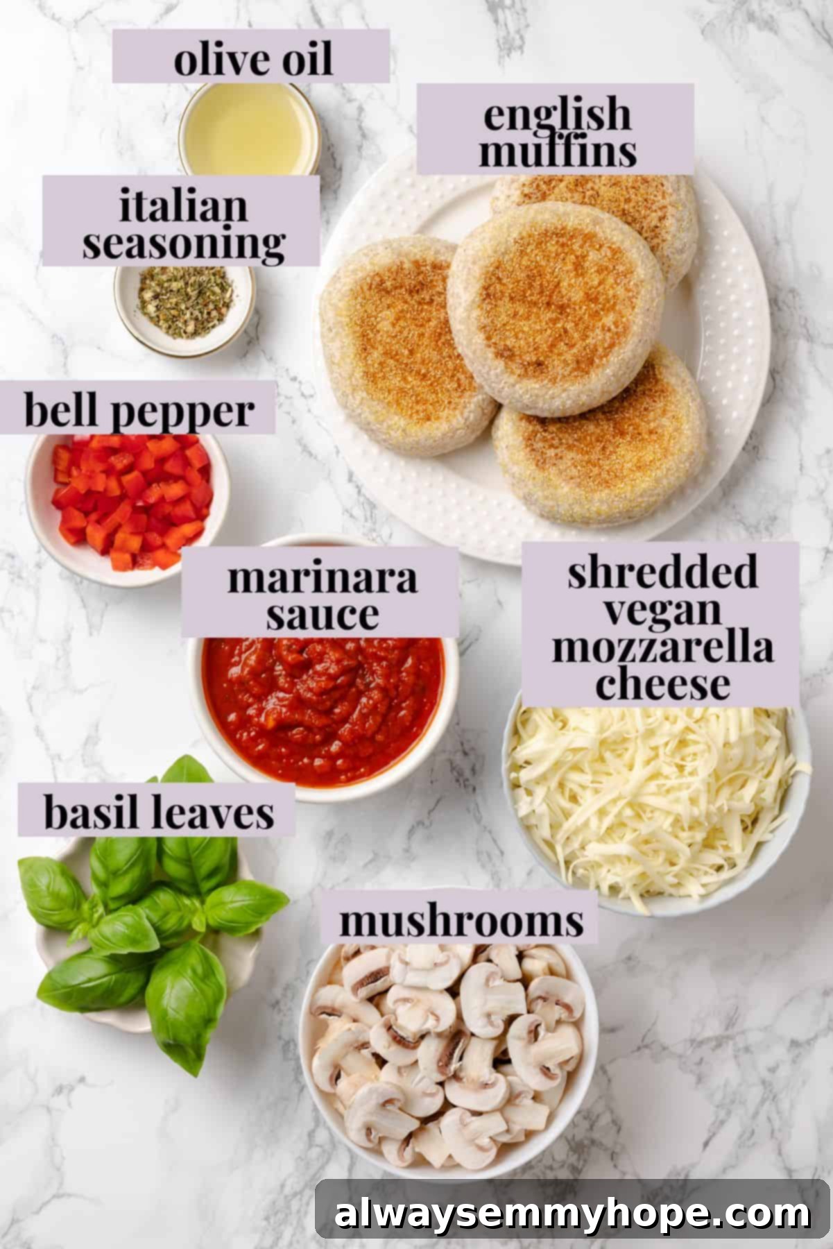 Overhead view of ingredients for English muffin pizzas