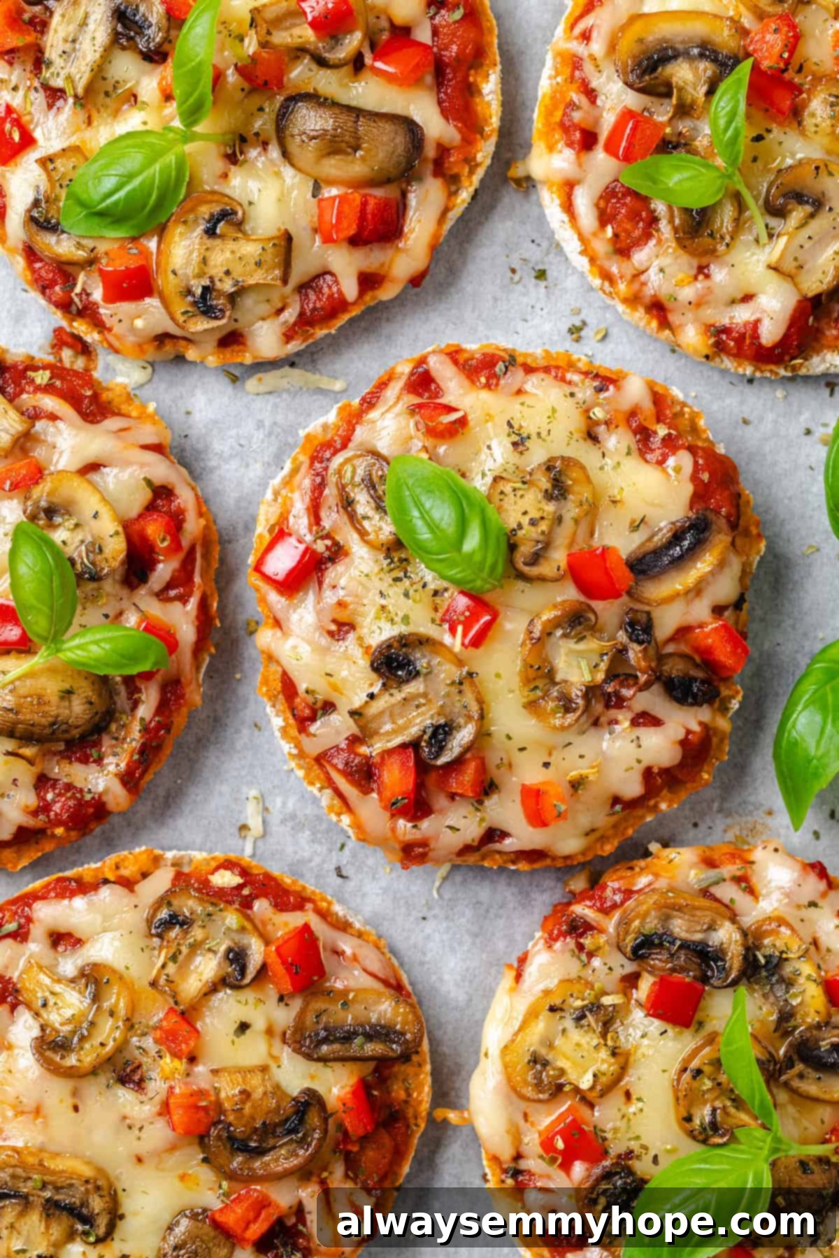 Overhead view of vegan English muffin pizzas