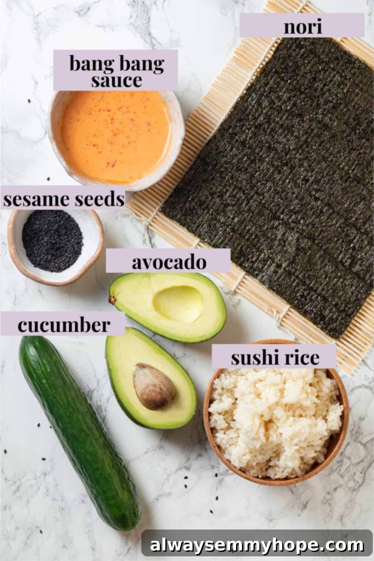 Overhead view of ingredients for avocado sushi with labels