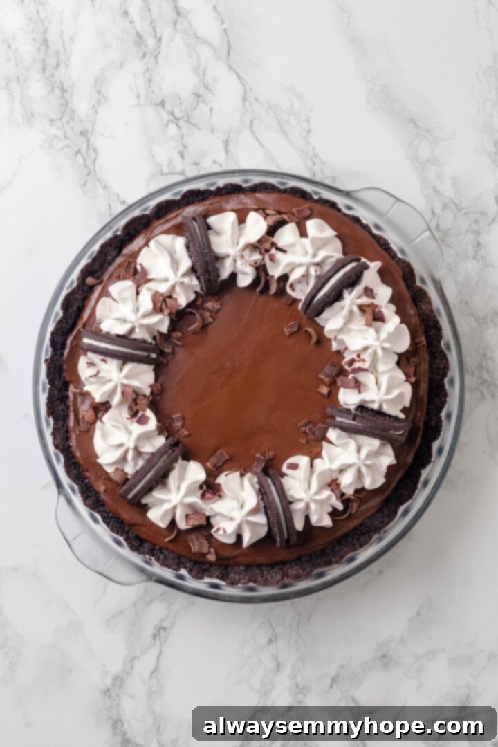 With an Oreo crust, decadent vegan mousse filling, and coconut whipped cream, this chocolate mousse pie recipe is absolutely irresistible! Overhead view of a whole chocolate mousse pie, beautifully garnished and ready to serve