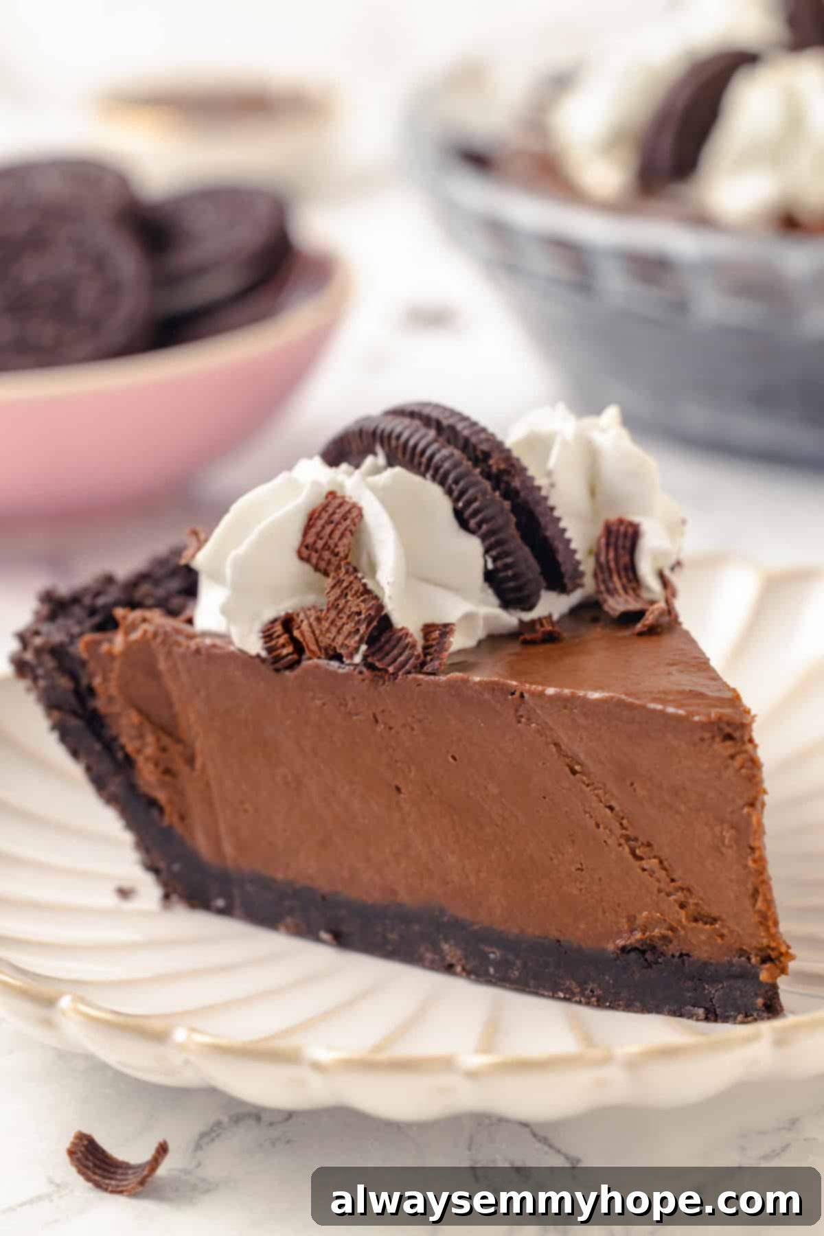 With an Oreo crust, decadent vegan mousse filling, and coconut whipped cream, this chocolate mousse pie recipe is absolutely irresistible! Side view of a slice of chocolate mousse pie on a white plate, garnished with whipped cream and chocolate shavings
