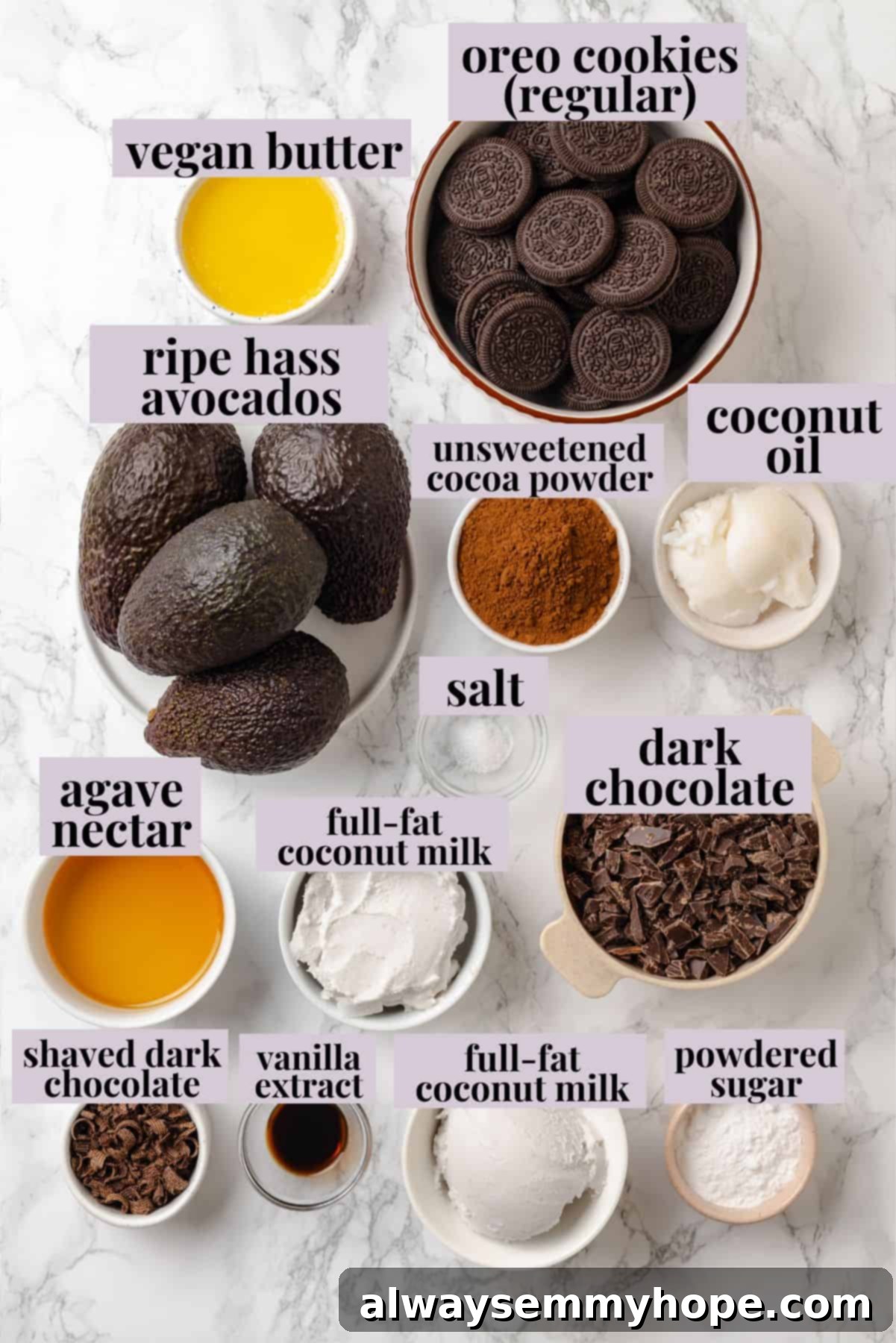 With an Oreo crust, decadent vegan mousse filling, and coconut whipped cream, this chocolate mousse pie recipe is absolutely irresistible! Overhead view of all ingredients for chocolate mousse pie laid out on a table