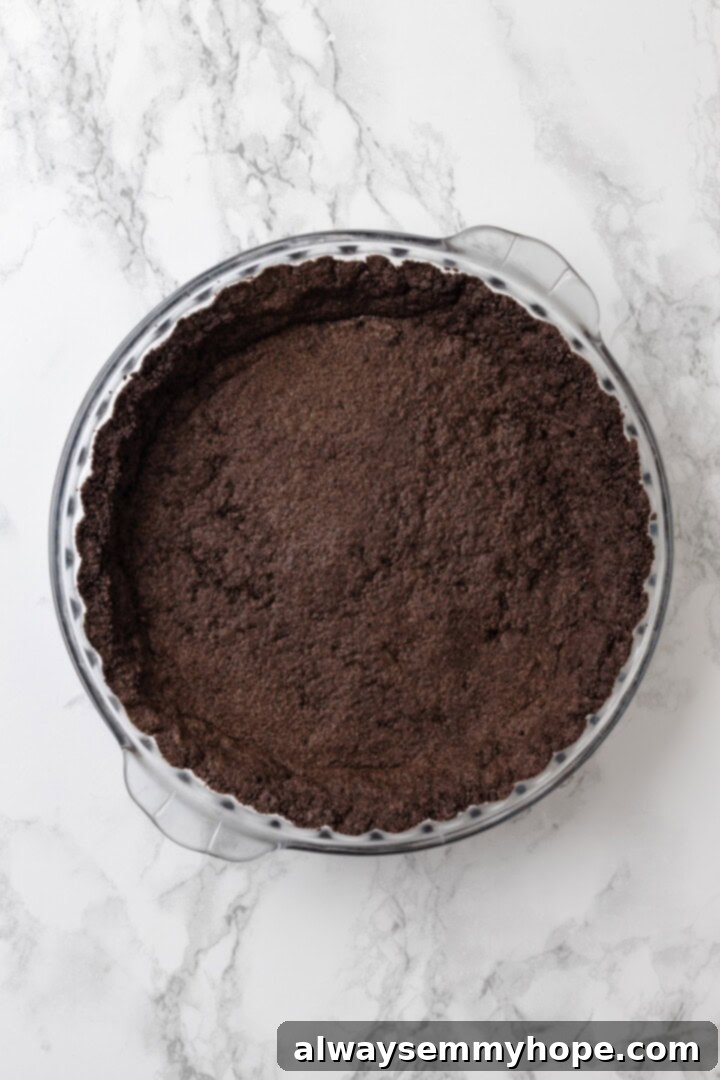 With an Oreo crust, decadent vegan mousse filling, and coconut whipped cream, this chocolate mousse pie recipe is absolutely irresistible! Overhead view of the baked Oreo pie crust cooling in a glass pie plate