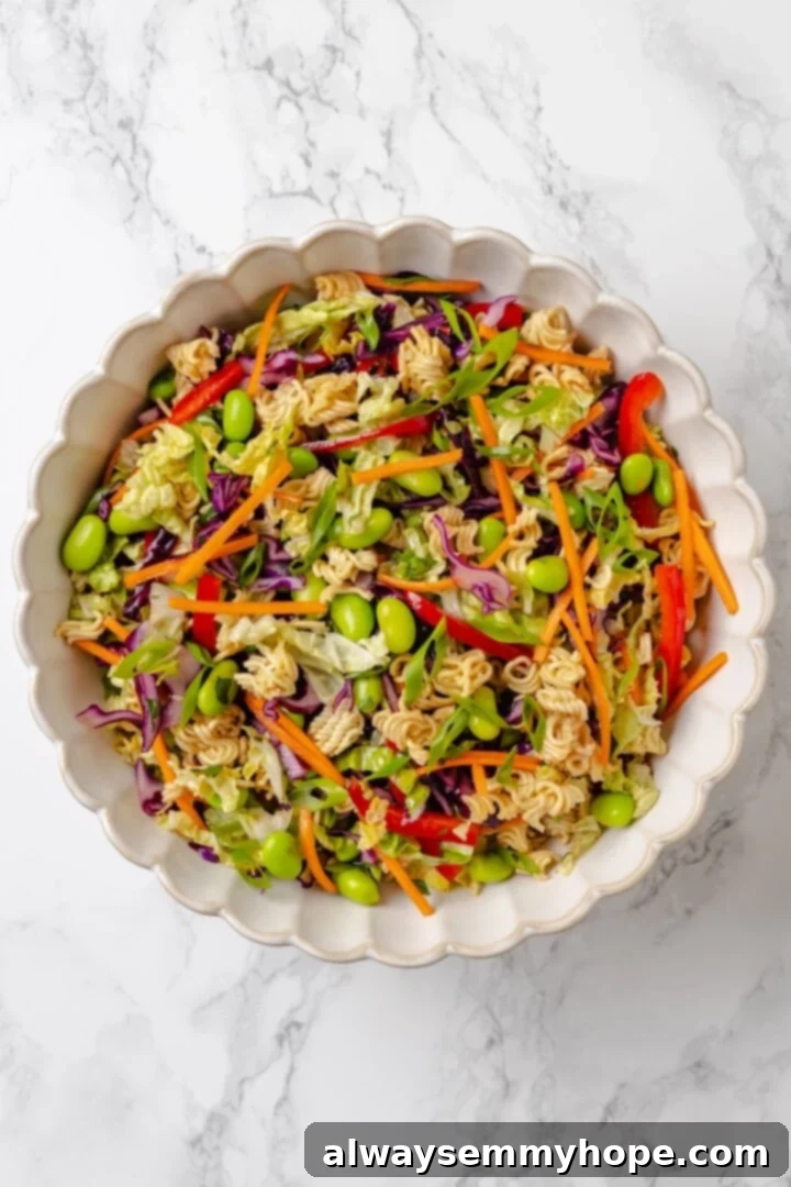 With crunchy noodles, almonds, cabbage and tender edamame in a zippy ginger dressing, this ramen noodle salad recipe is easy and delicious! Overhead view of ramen noodle salad in bowl before adding toasted almonds