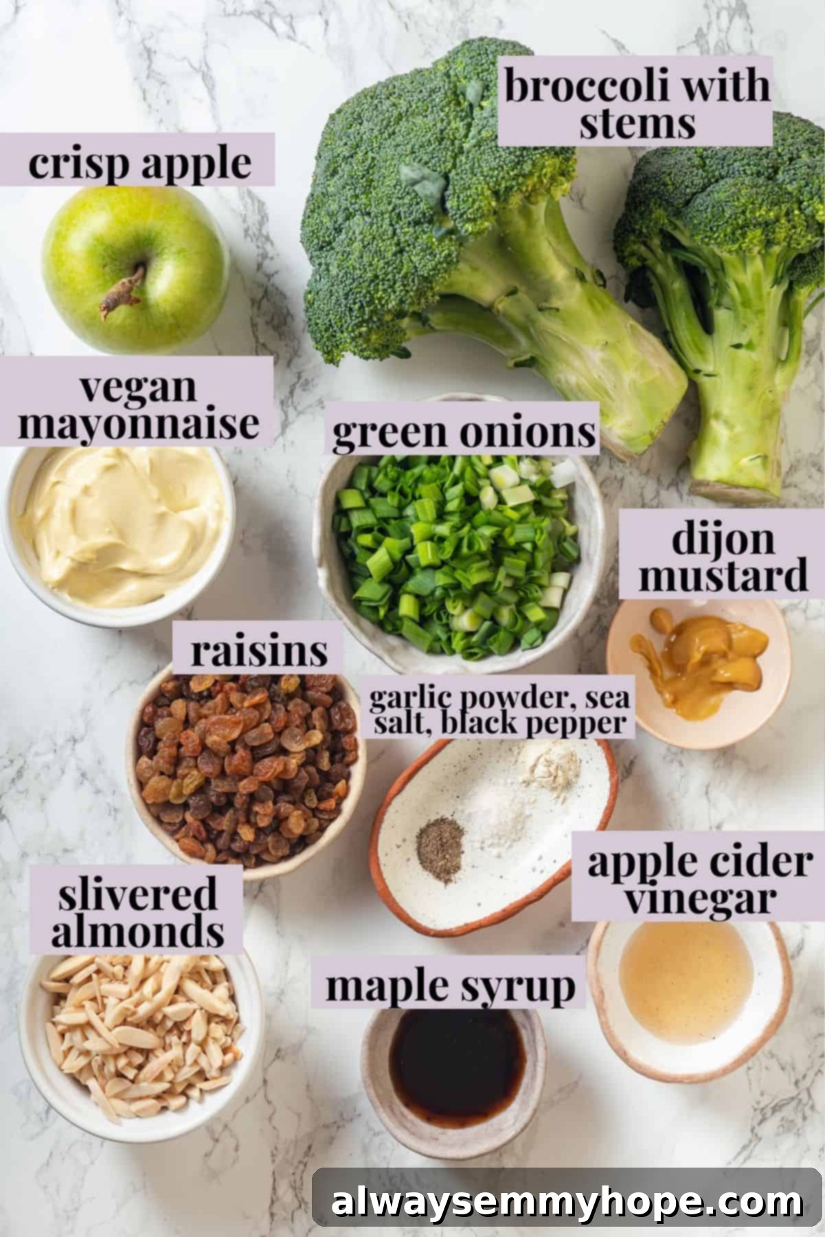 This easy broccoli slaw recipe is crisp and crunchy, sweet and savory, with a creamy dressing so good, you’ll want to eat it with a spoon! Overhead view of ingredients for broccoli slaw