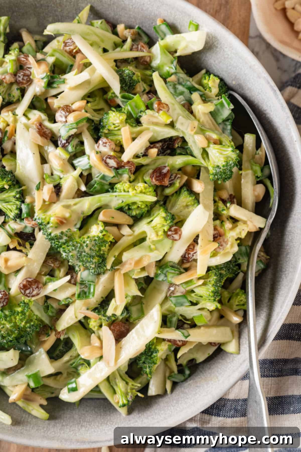 This easy broccoli slaw recipe is crisp and crunchy, sweet and savory, with a creamy dressing so good, you’ll want to eat it with a spoon! Overhead view of broccoli slaw in serving bowl with spoon