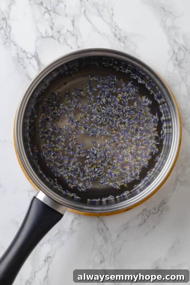 Lavender buds steeping in simple syrup for lemonade