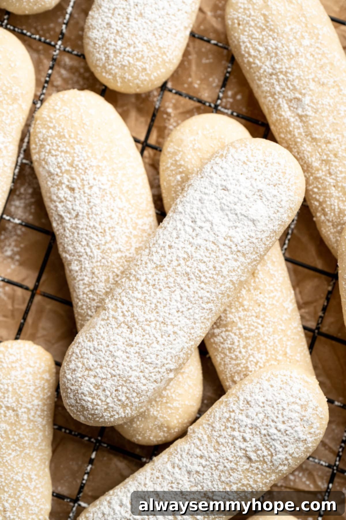 Overhead view of vegan ladyfingers on wire rack, with dusting of powdered sugar