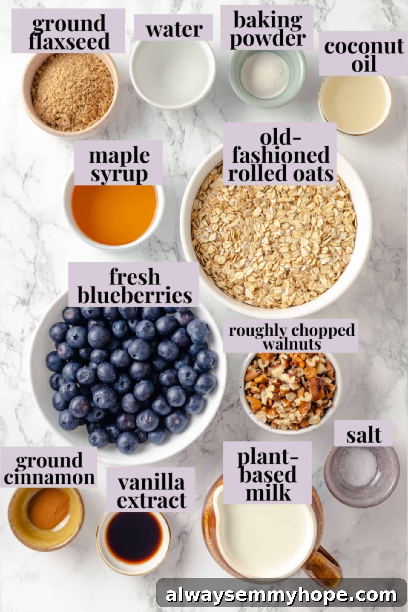 This baked oatmeal recipe is an easy meal prep breakfast! It's hearty and wholesome, with juicy berries and crunchy walnuts in every bite. Overhead view of ingredients for baked oatmeal recipe with blueberries and walnuts