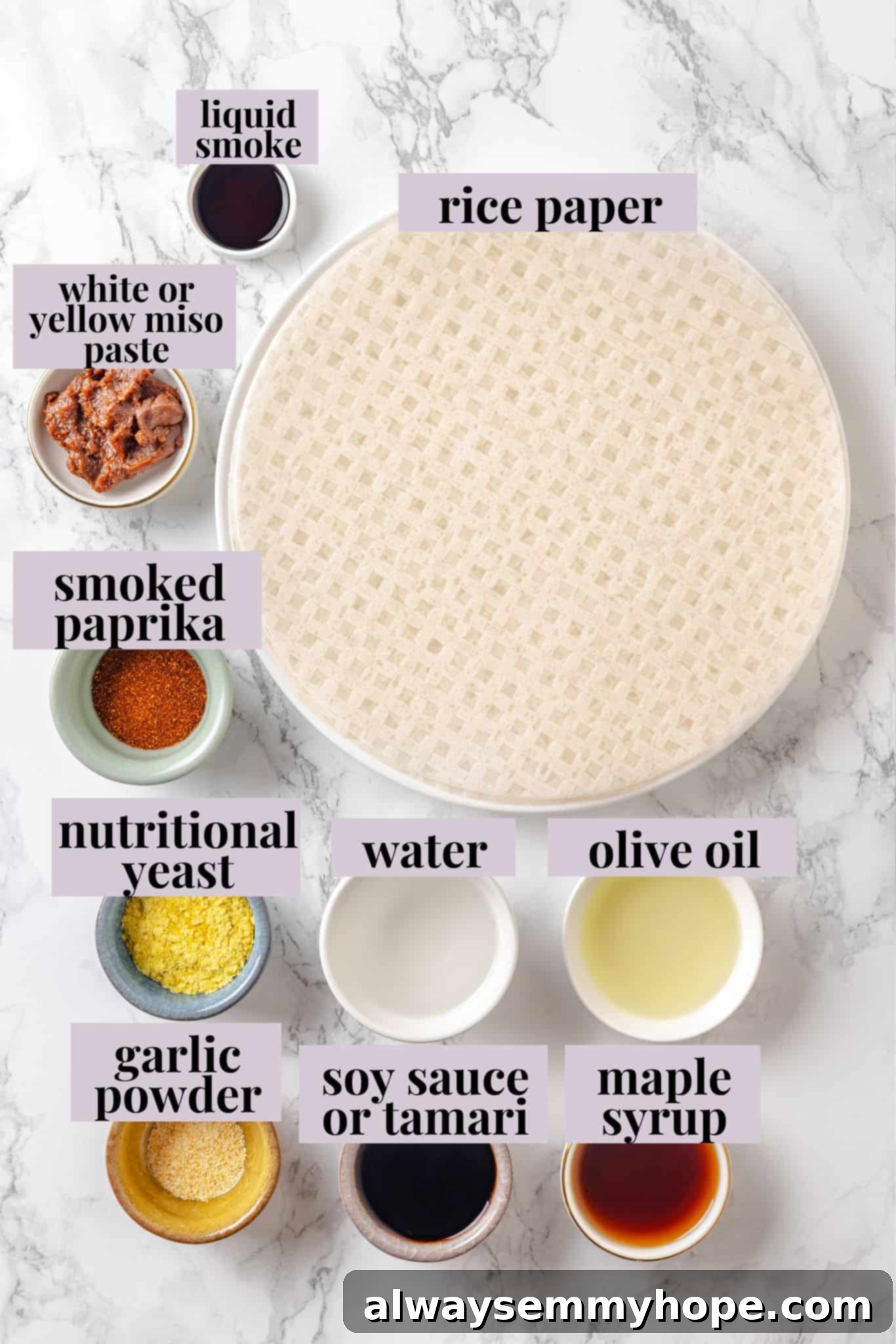 Rice paper is the secret for ultra crispy vegan bacon! This recipe is smoky, sweet, and savoury, and it's incredibly easy to make too. Overhead view of ingredients for crispy vegan bacon with rice paper