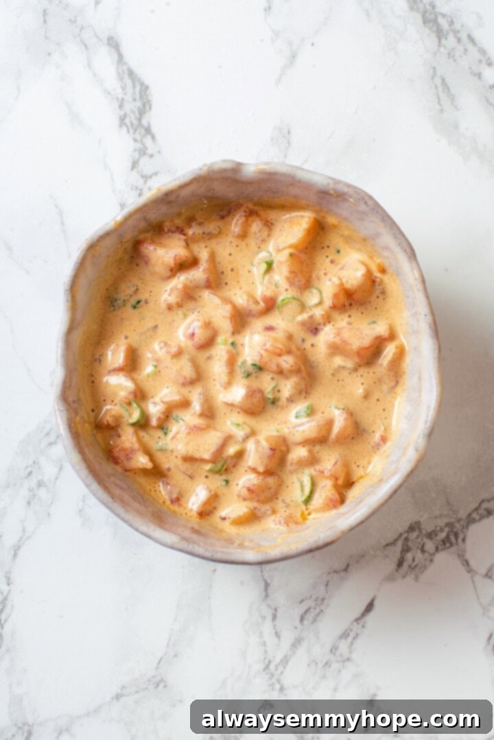 Overhead view of spicy vegan tuna mixture in bowl