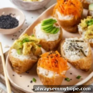 Elevated Vegan Inari Sushi: 3 Creative Topping Ideas 2 Vegan inari sushi topped with tofu, avocado, carrots, and nori