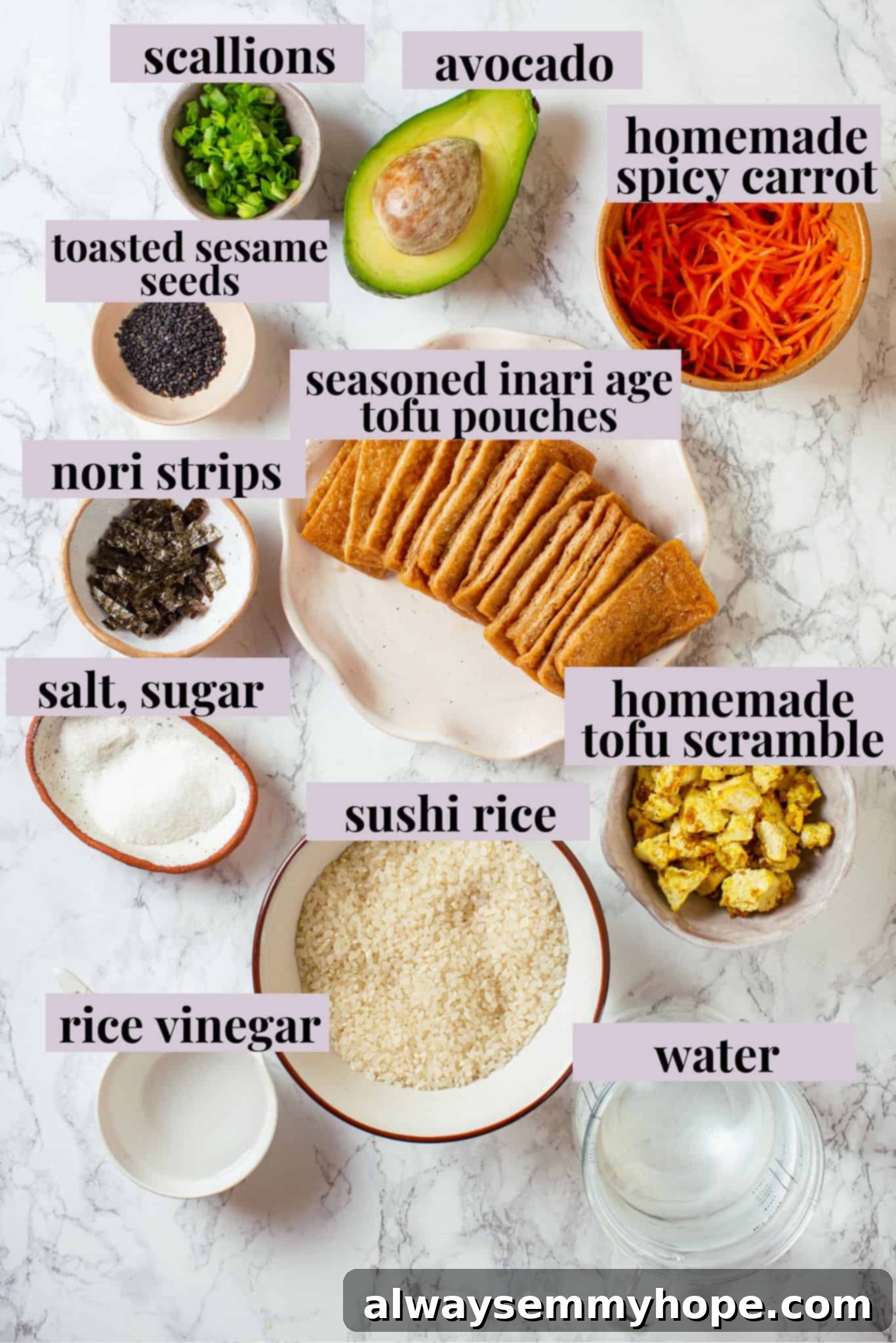 This inari sushi recipe tucks tangy sushi rice into tofu pockets with toppings like avocado, spicy carrots, and tofu scramble. Easy and fun! Overhead view of ingredients for inari sushi