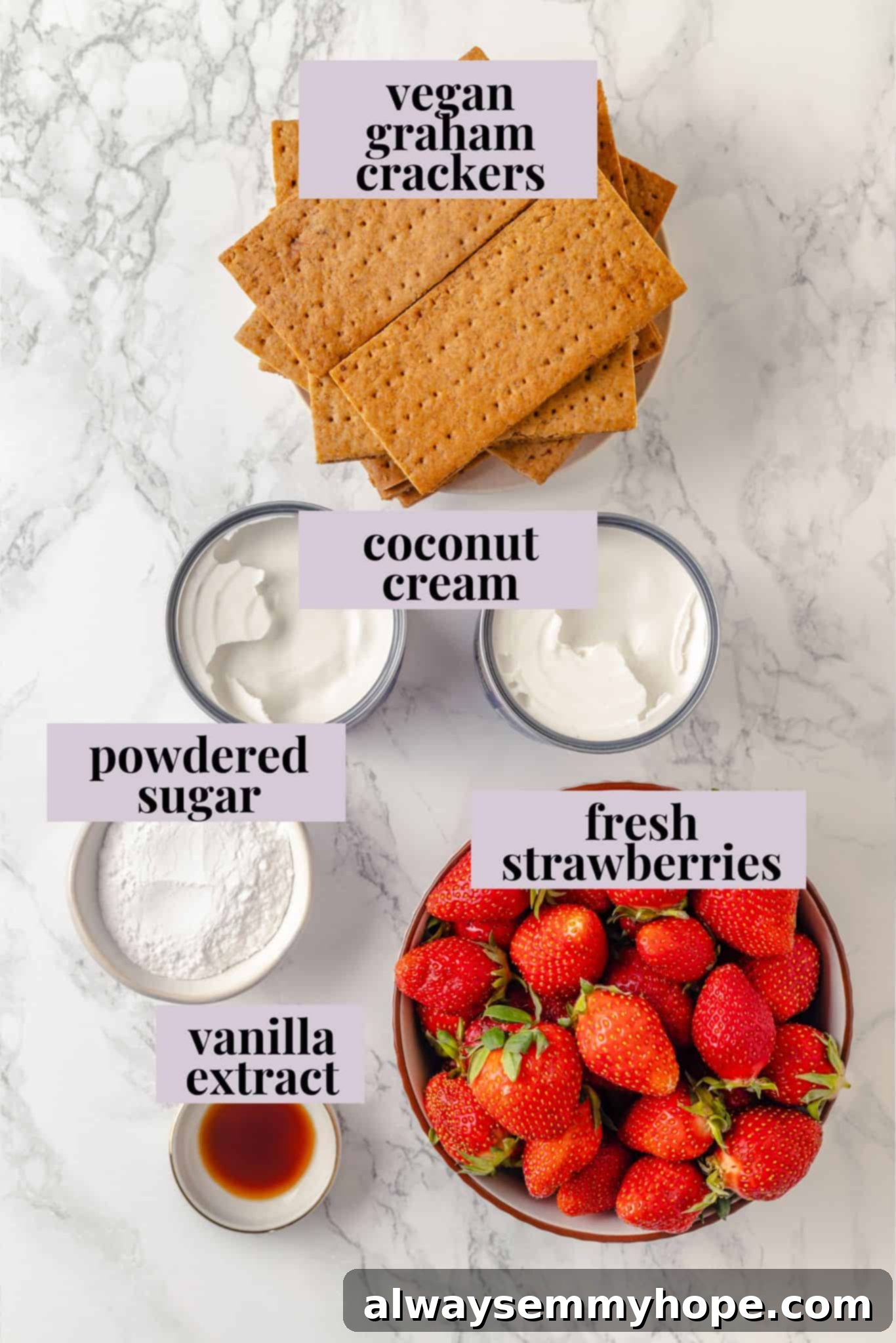 This strawberry icebox cake is cool, creamy, and super easy to make, with vegan whipped cream, fresh strawberries, and graham crackers. Yum! Overhead view of ingredients for strawberry icebox cake
