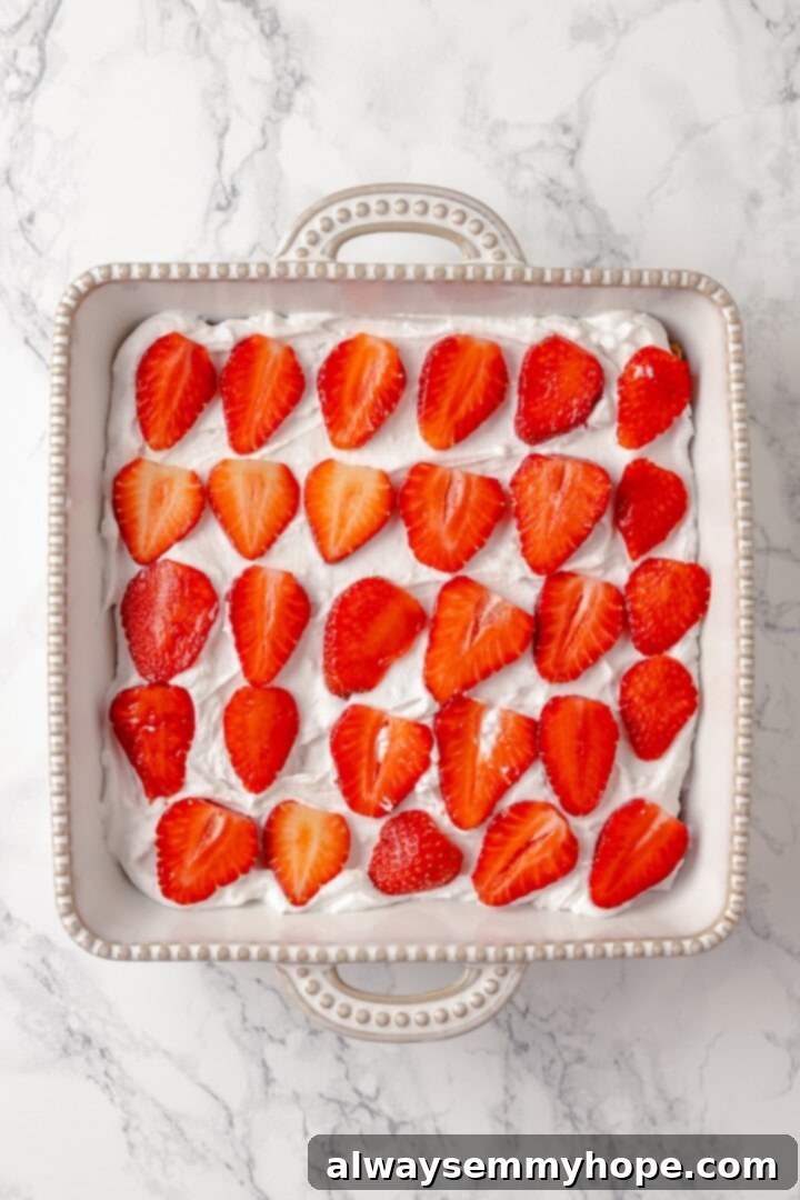This strawberry icebox cake is cool, creamy, and super easy to make, with vegan whipped cream, fresh strawberries, and graham crackers. Yum! Whipped cream and strawberries layered in dish for icebox cake