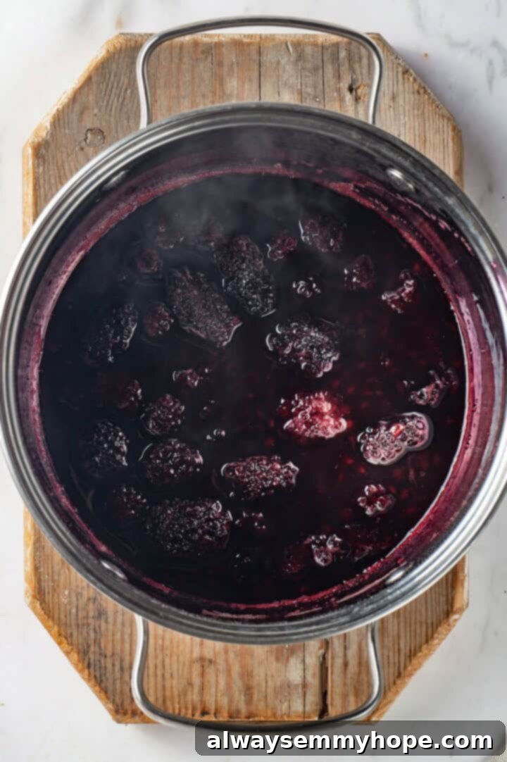 This summery blackberry margarita recipe is refreshing, delicious, and perfect for adding to your Taco Tuesday menu. It's always a hit! Overhead view of blackberries, sugar, and water simmering in a saucepan to make syrup.