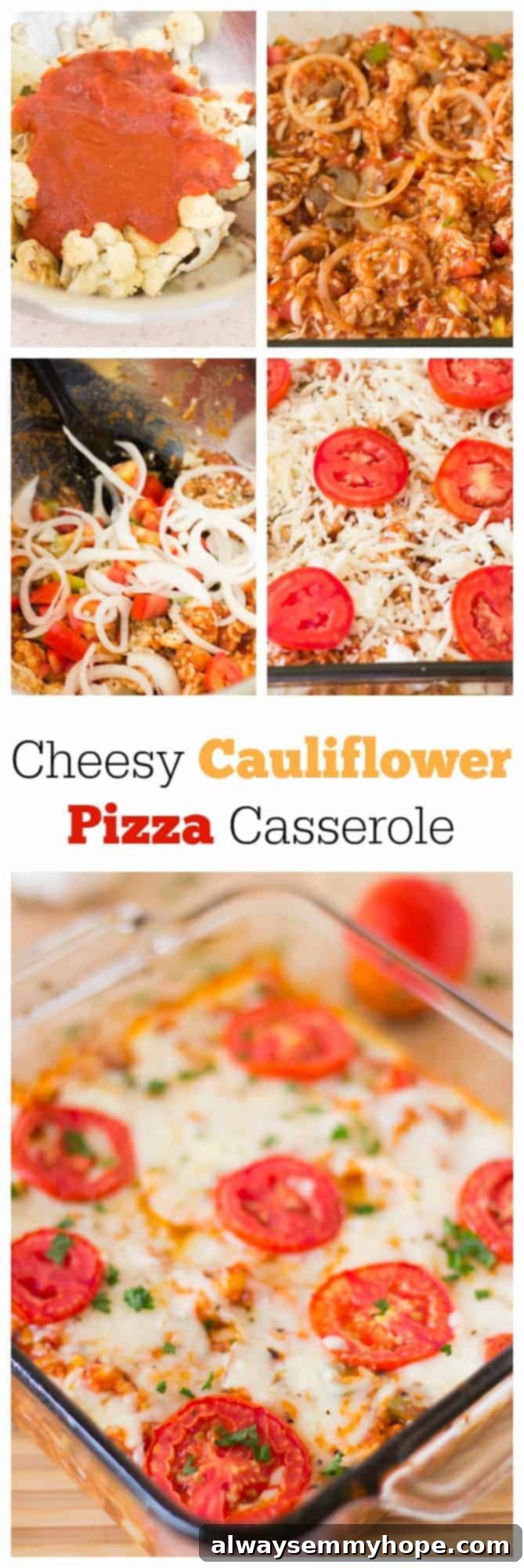 Cheesy Cauliflower Pizza Bake 4 Top-down shot of a golden and bubbly cauliflower pizza casserole in a rectangular glass baking dish, ready to be served.