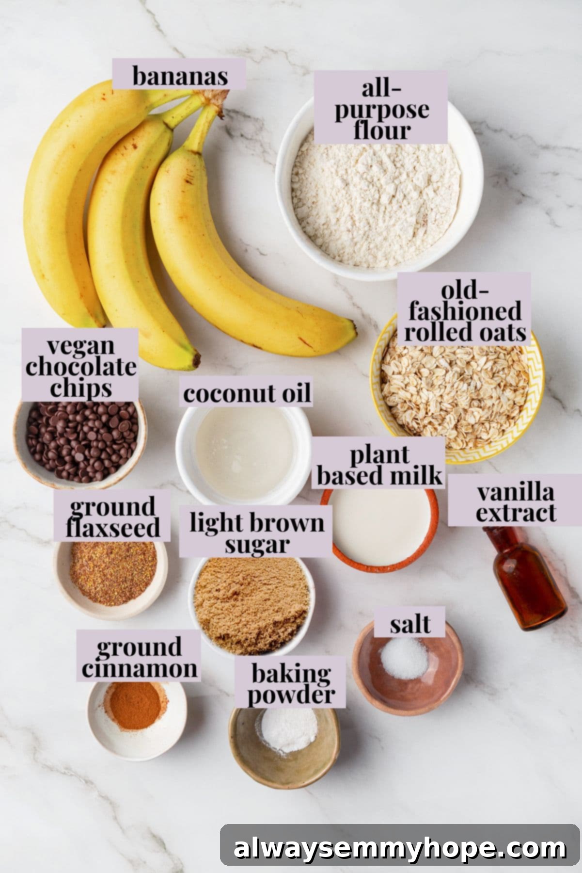 Overhead view of ingredients for banana oatmeal muffins