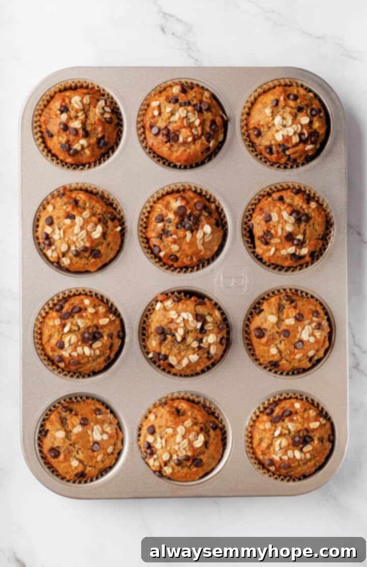 Overhead view of banana oatmeal muffins in muffin pan