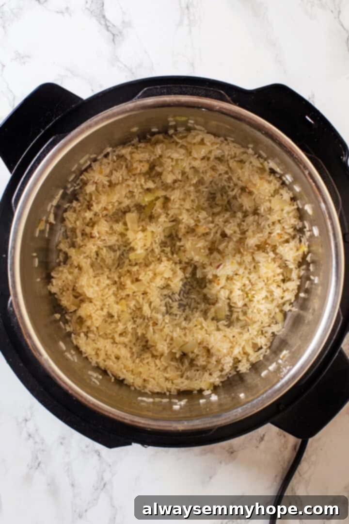 Instant Pot Mexican Rice is a total game-changer! It turns out perfectly cooked and fluffy every time. This easy recipe will be your go-to! Overhead view of toasted rice in Instant Pot