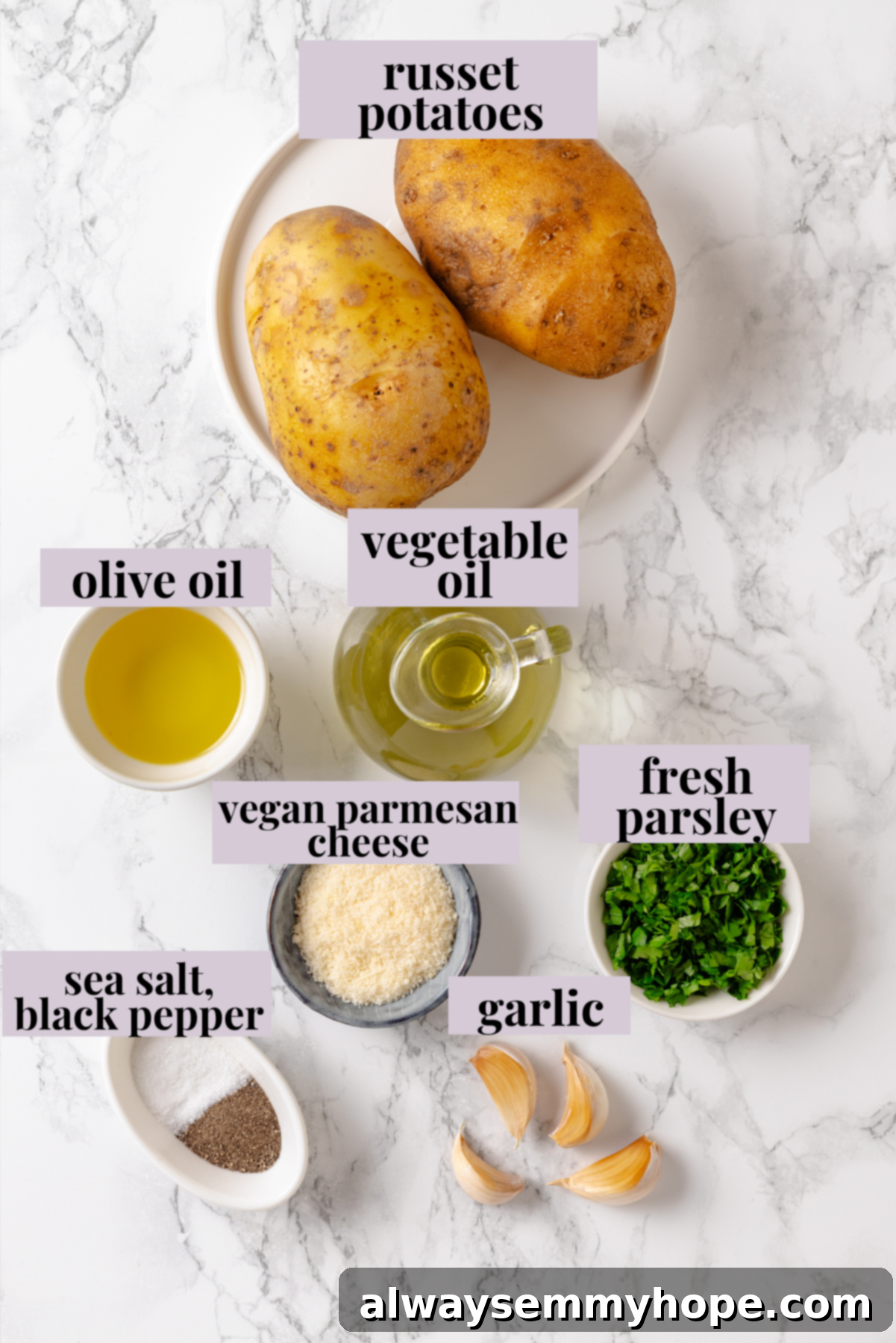 Whether you bake them or deep fry them, these crispy Garlic Fries are guaranteed to be a hit! They're cheesy, easy and packed with flavour. Overhead view of ingredients for garlic fries