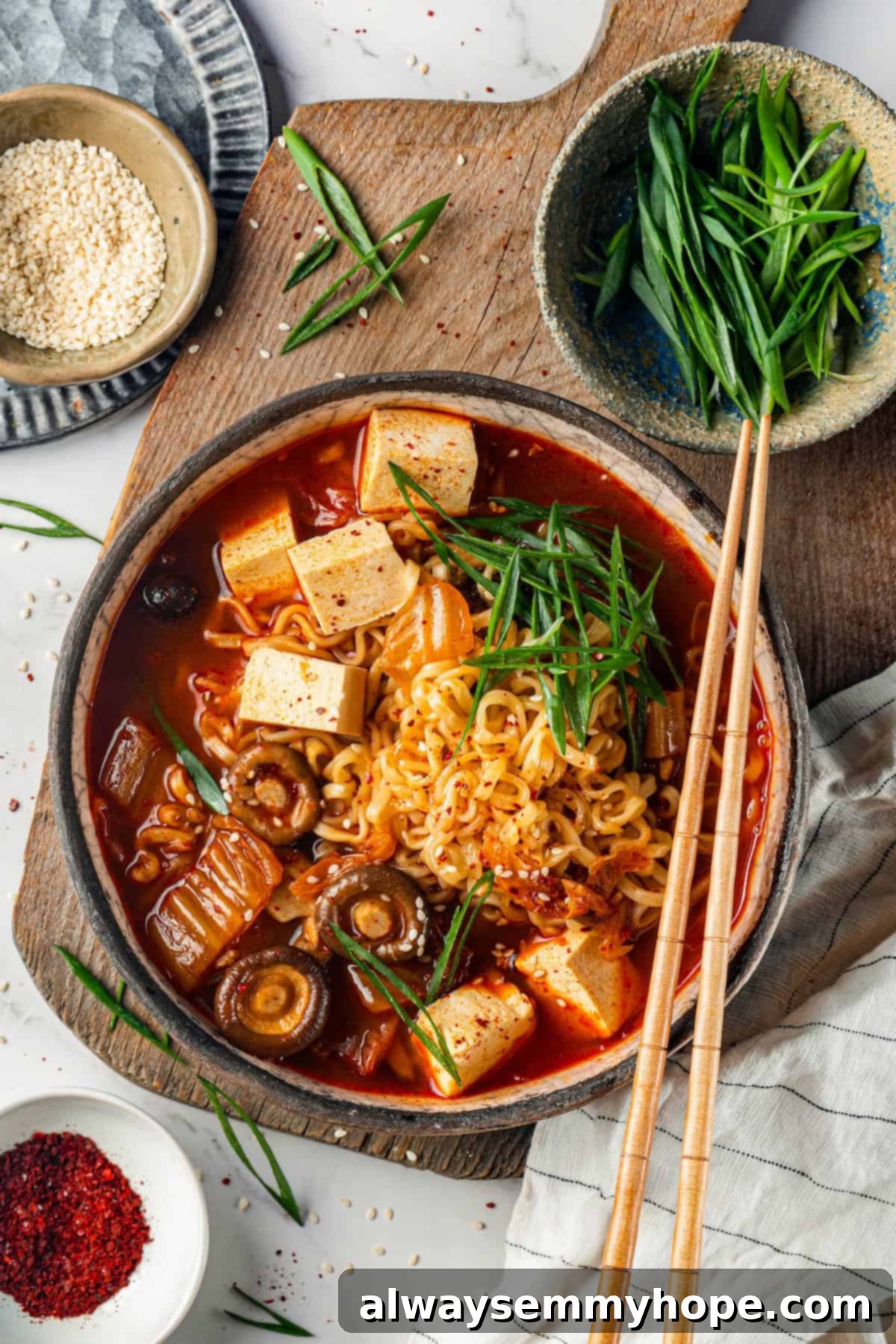 This spicy Kimchi Ramen is ridiculously easy, and the combination of tofu, kimchi, and shiitakes makes it a satisfying, flavour-packed meal! A bowl of kimchi ramen with tofu and shiitake mushrooms, served with a small separate bowl of fresh sliced green onions for garnishing.