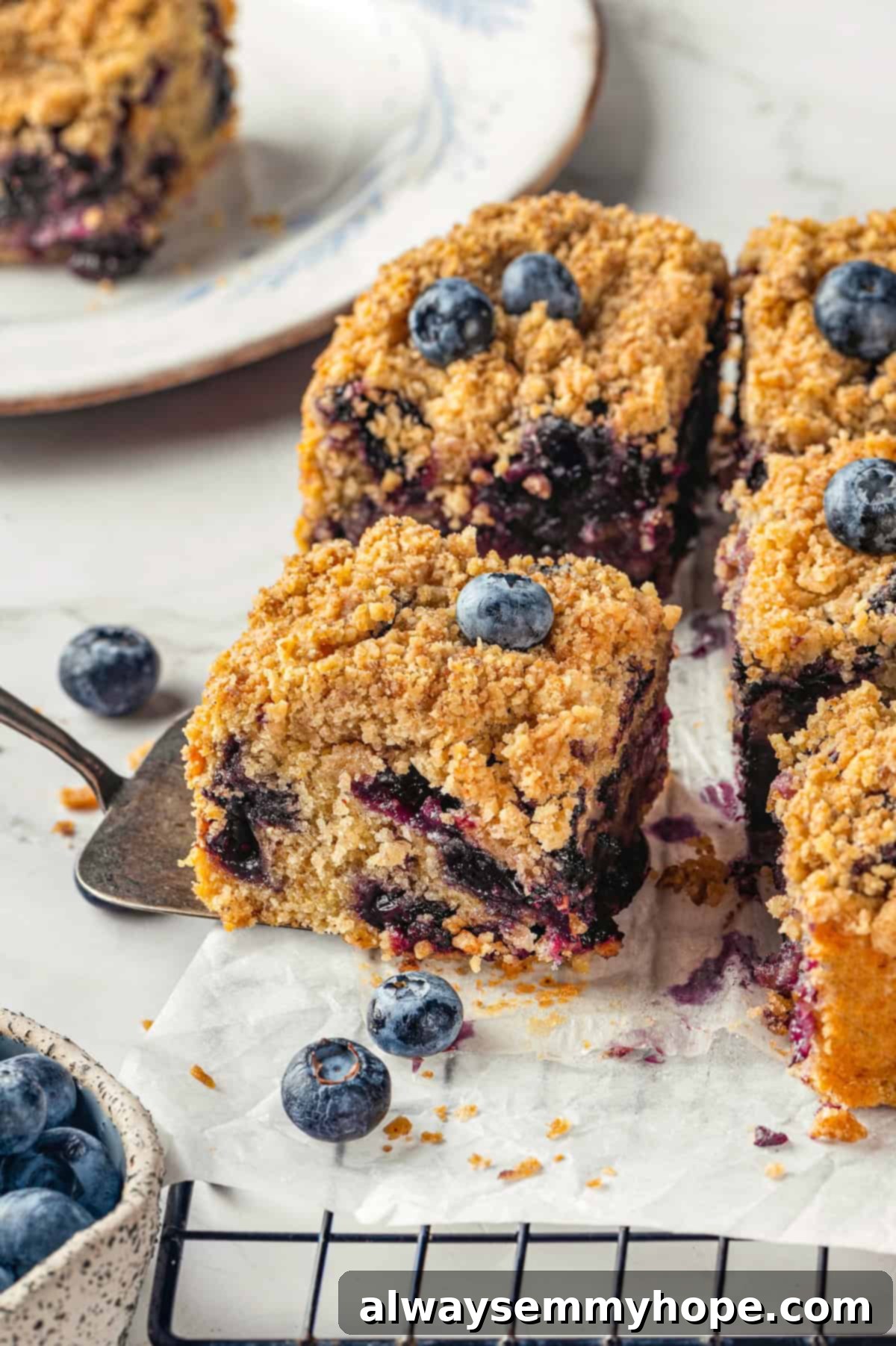 A little bit like coffee cake, this Blueberry Buckle is loaded with berries, then topped with brown sugar cinnamon streusel. So delicious! Spatula pulling a slice of golden-brown vegan blueberry buckle from a wire rack, revealing juicy berries and a crumbly streusel topping.