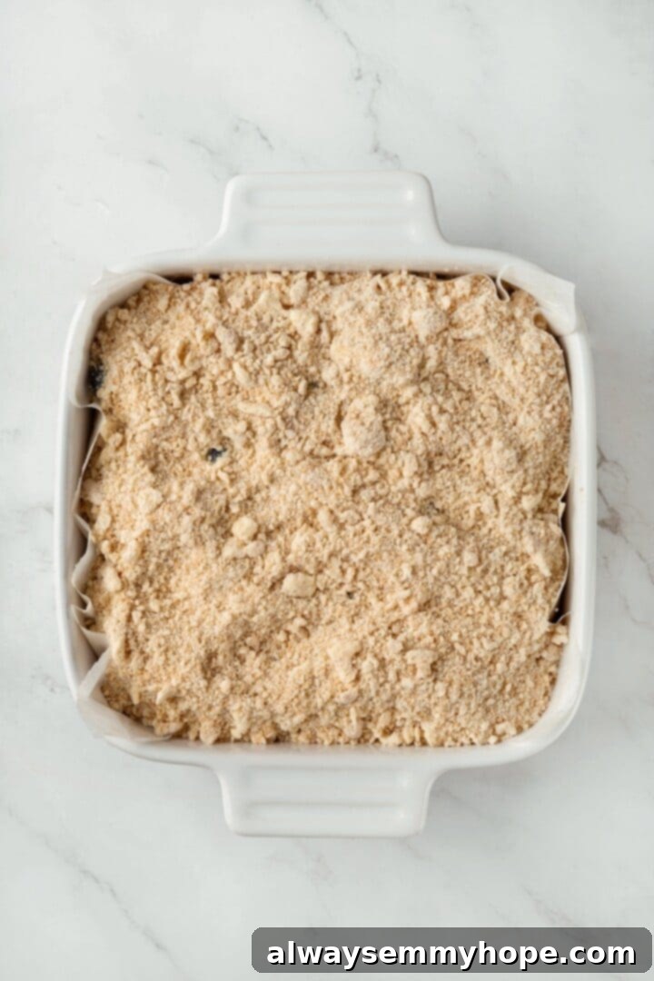 A little bit like coffee cake, this Blueberry Buckle is loaded with berries, then topped with brown sugar cinnamon streusel. So delicious! Overhead view of unbaked vegan blueberry buckle batter spread in a square baking pan, topped with streusel and a few extra blueberries.