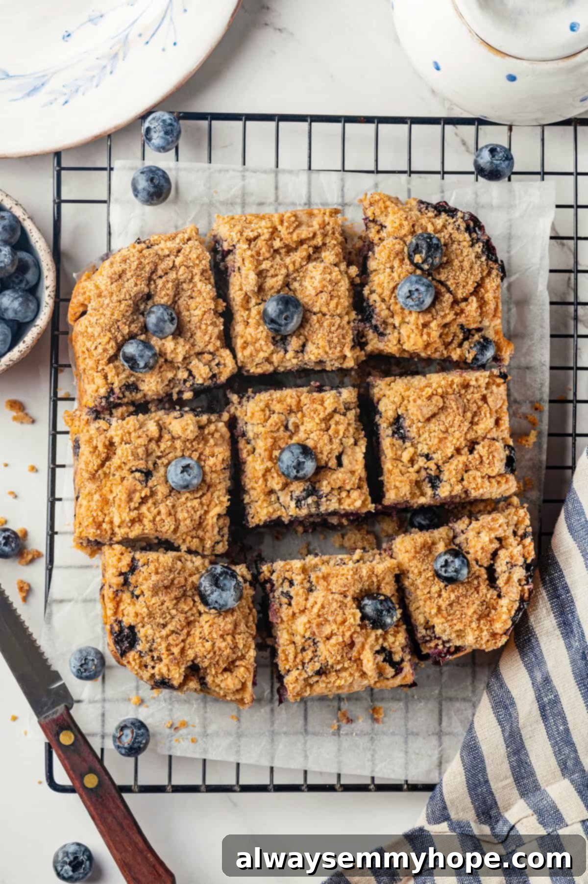 A little bit like coffee cake, this Blueberry Buckle is loaded with berries, then topped with brown sugar cinnamon streusel. So delicious! Overhead view of a perfectly sliced vegan blueberry buckle resting on parchment paper on a wire rack, showcasing its moist interior, juicy blueberries, and crumbly streusel.