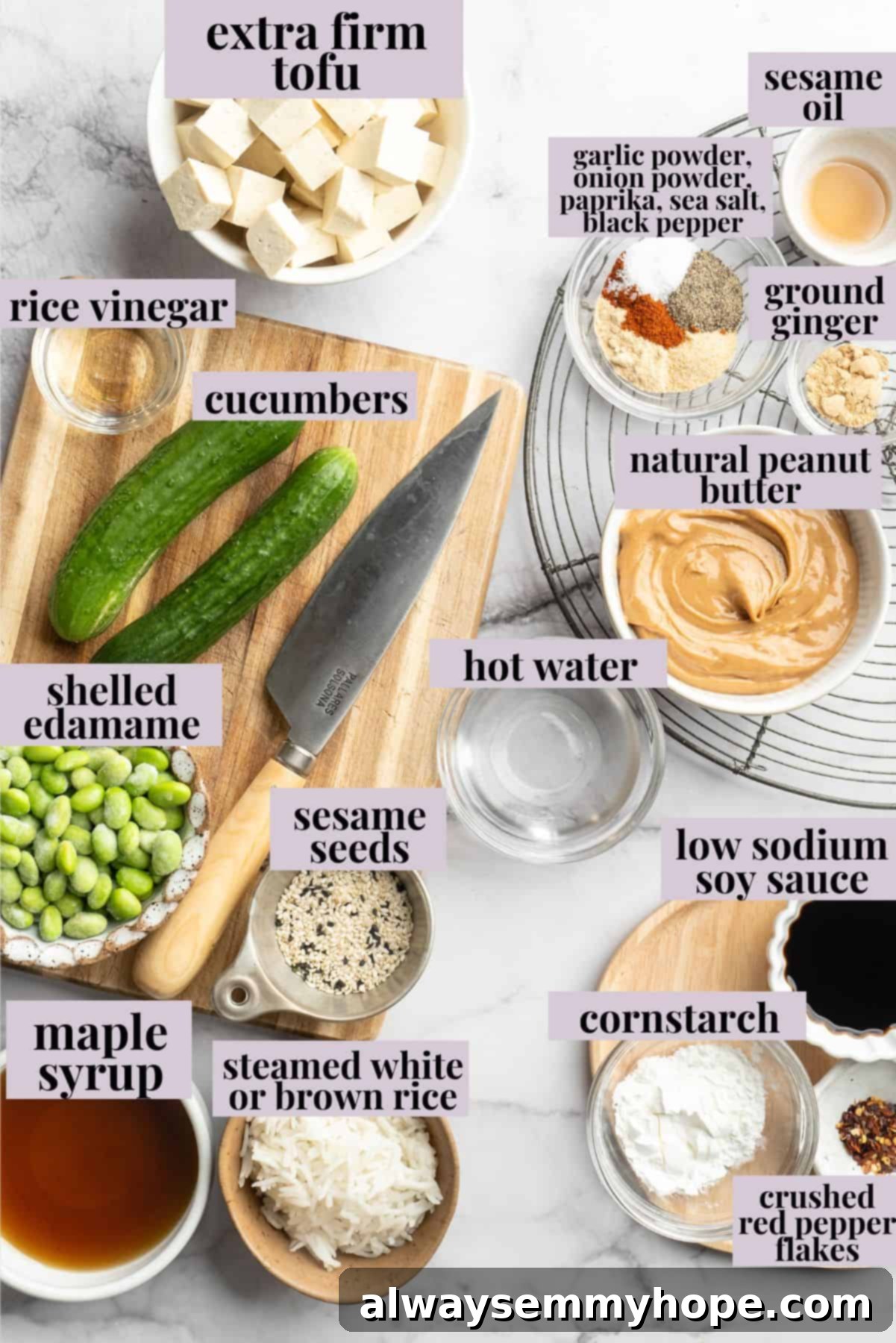 Ingredients for Vegan Peanut Tofu Bowls An overhead shot showcasing all the fresh and vibrant ingredients neatly laid out on a kitchen counter, ready to be assembled into delicious peanut tofu bowls.