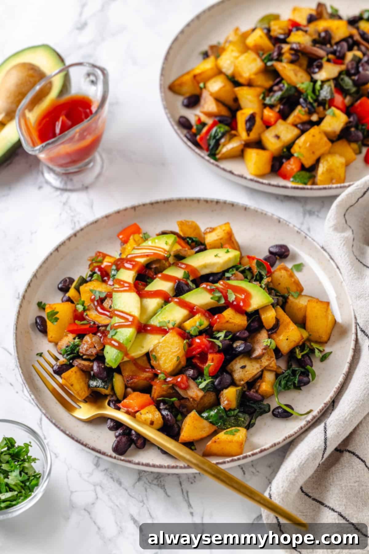Two plates of vegan breakfast hash, garnished with avocado and cilantro, ready to be enjoyed