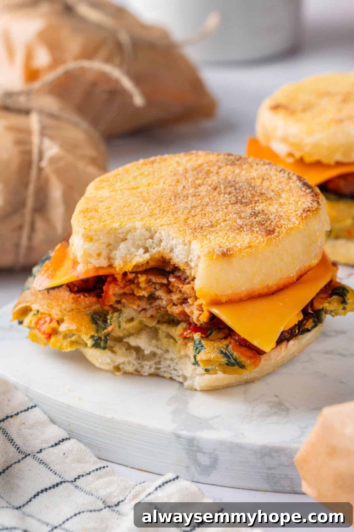 Close-up of a vegan breakfast sandwich with a bite taken out, revealing the layered omelet, sausage, and melted cheese