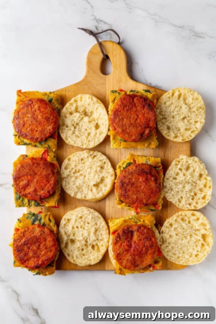 Overhead view of vegan breakfast sandwiches being assembled with omelet, sausage, and cheese on English muffins